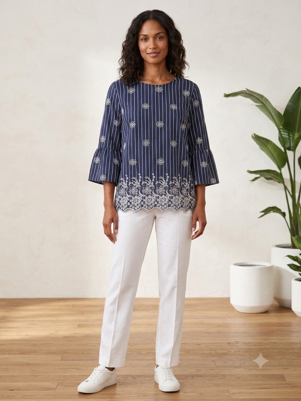 CALE Navy Striped Embroidered Bell-Sleeve Top